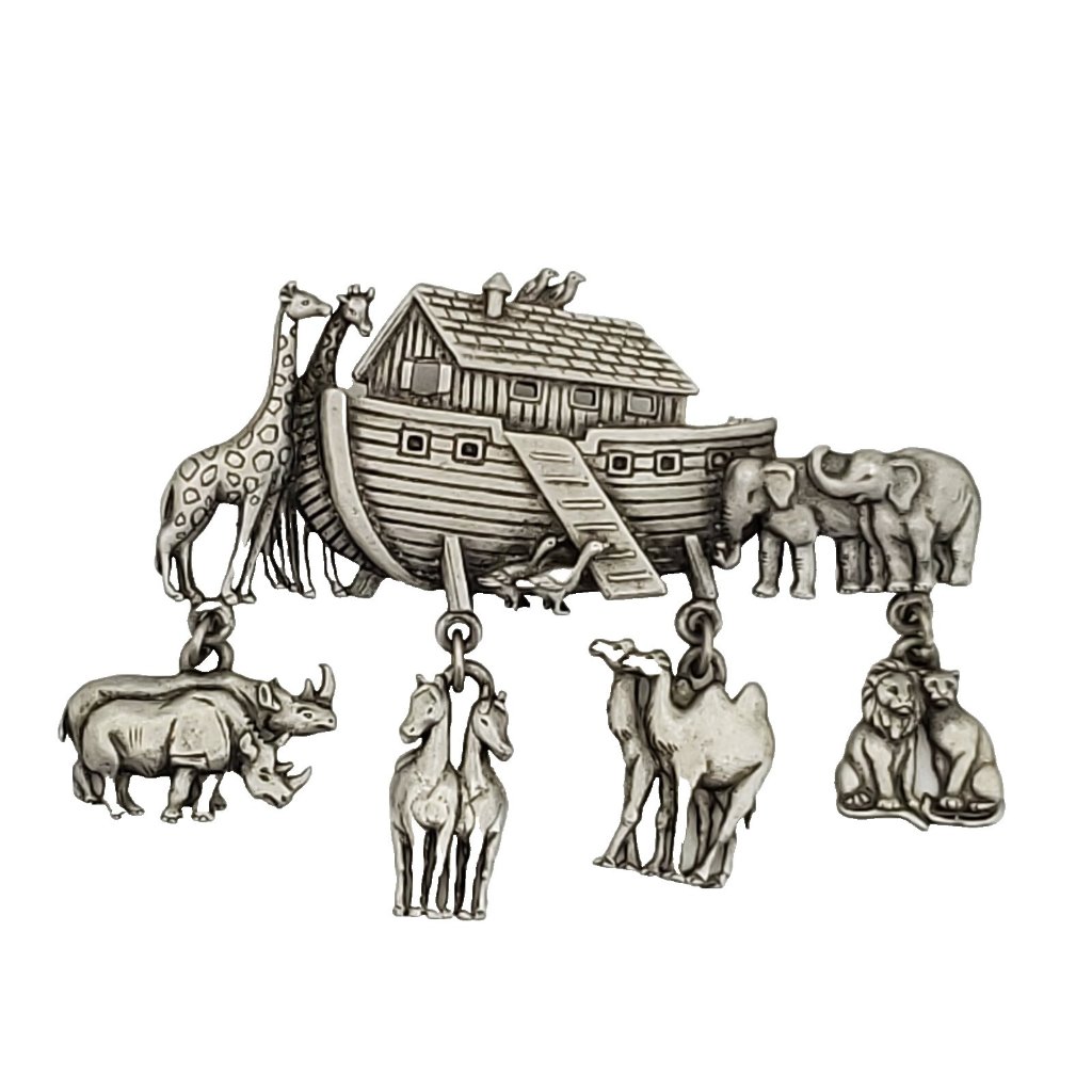 Jj Brooch Noahs Ark Animals Religious Jonette Jewelry Silver Tone Pewter 275 14$